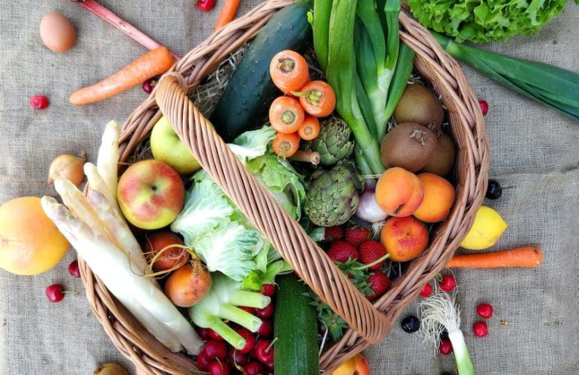 a basket filled with lots of different types of vegetables